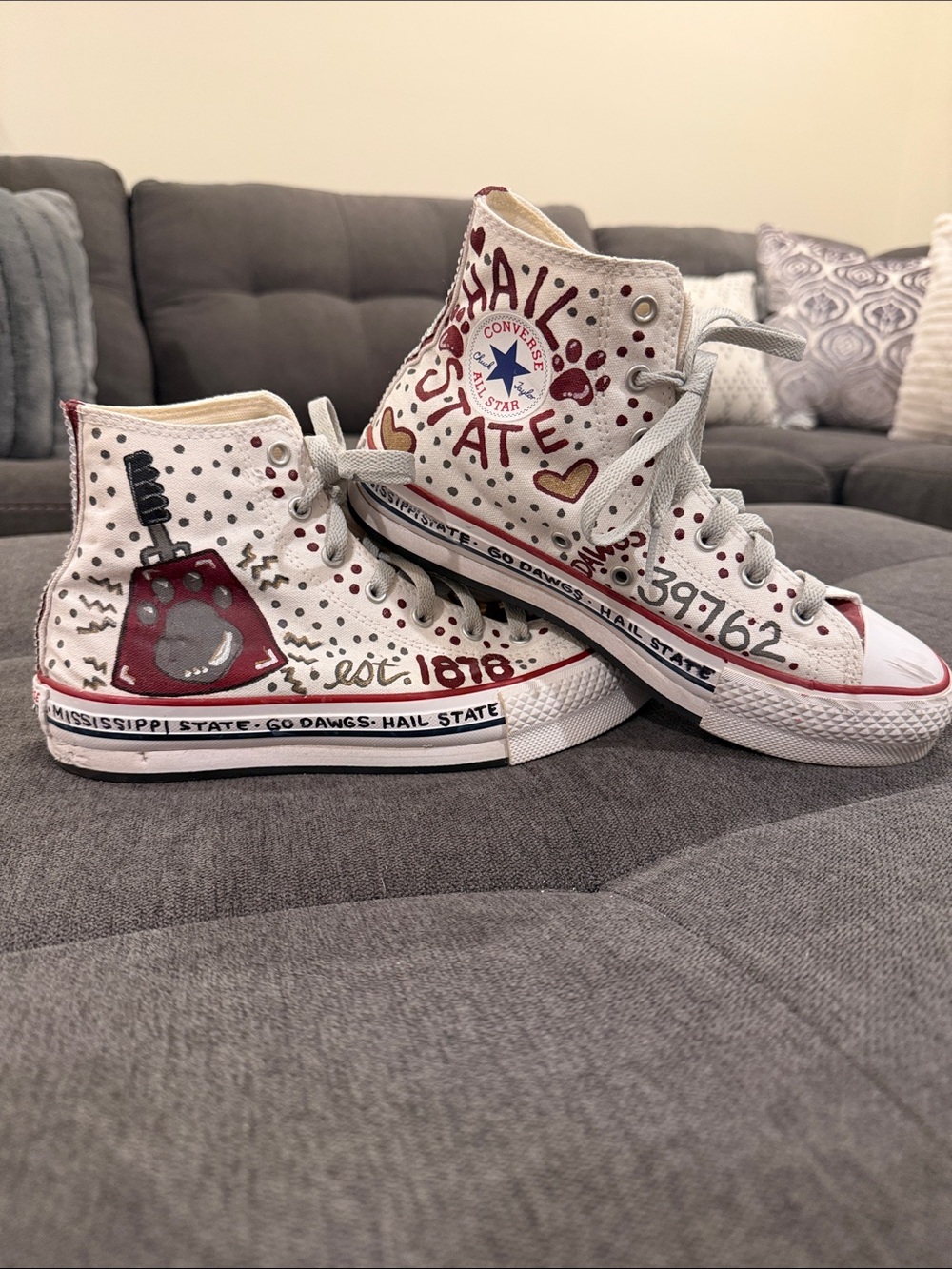 Custom Mississippi State Converse High-Top Sneakers in White and Maroon